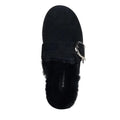 Top view of the Emu Womens Adison Black Sheepskin Wool Mule Slipper Scuff featuring a black suede upper, large silver buckle, soft sheepskin lining, rounded toe, and visible EMU Australia branding inside., 50710, 9330071990797, 9330071990803, 9330071990810, 50714, 50715