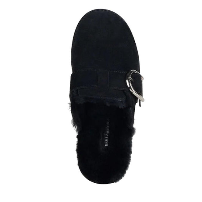Top view of the Emu Womens Adison Black Sheepskin Wool Mule Slipper Scuff featuring a black suede upper, large silver buckle, soft sheepskin lining, rounded toe, and visible EMU Australia branding inside., 50710, 9330071990797, 9330071990803, 9330071990810, 50714, 50715