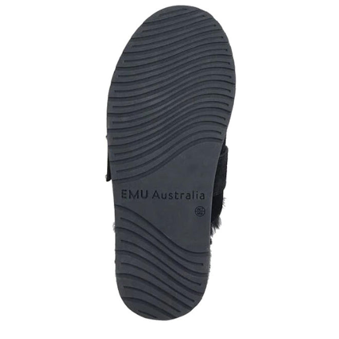 The image displays the sole of the Emu Womens Adison Black Sheepskin Wool Mule Slipper Scuff, featuring wavy tread patterns and "EMU Australia" printed at the center against a white background., 50710, 9330071990797, 9330071990803, 9330071990810, 50714, 50715
