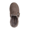 A top view of the Emu Womens Adison Smoke Grey Wool Mule Slipper Scuff shows its suede closed toe, silver buckle, and plush grey wool lining., 50716, 9330071986417, 9330071986424, 9330071986431, 50720, 50721