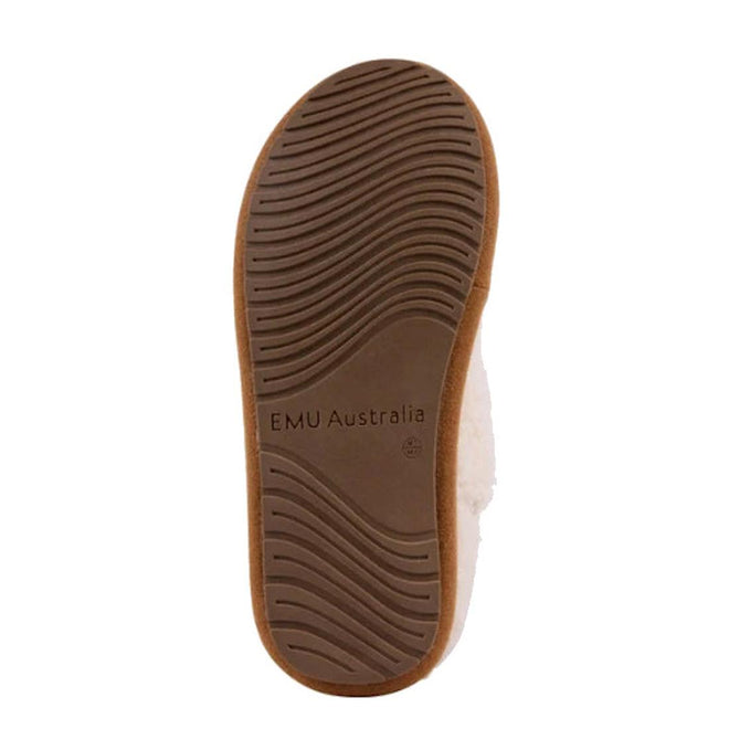 The image shows the light brown wavy sole of the Emu Womens Aston Natural Sheepskin Wool Slipper, with "EMU Australia" embossed at the center and a fuzzy white edge revealing its plush sheepskin lining., 9330071980187, 9330071980194, 9330071980200, 50690, 50691