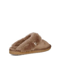 The Emu Womens Eden Mushroom Platinum Sheepskin Scuff Slipper features soft, plush material in tan with an open back and flat rubber sole. A small fabric tag is on the side. Made in Australia, shown against a white background., 9330071337912, 9330071337929, 9330071337936, 50731, 50732