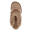 The Emu Womens Eden Mushroom Platinum Sheepskin Scuff Slipper is a single tan slip-on with a rounded toe and soft, fluffy lining, viewed from above. Its plush sheepskin interior ensures cozy comfort., 9330071337912, 9330071337929, 9330071337936, 50731, 50732