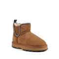 A single Emu Womens Higgie Chestnut Platform Wool Boot with a brown suede upper, soft wool lining, Aztec-inspired sheepskin detailing, black and white pull tab, decorative white stitching, and a chunky tan Sharky sole on a white background.