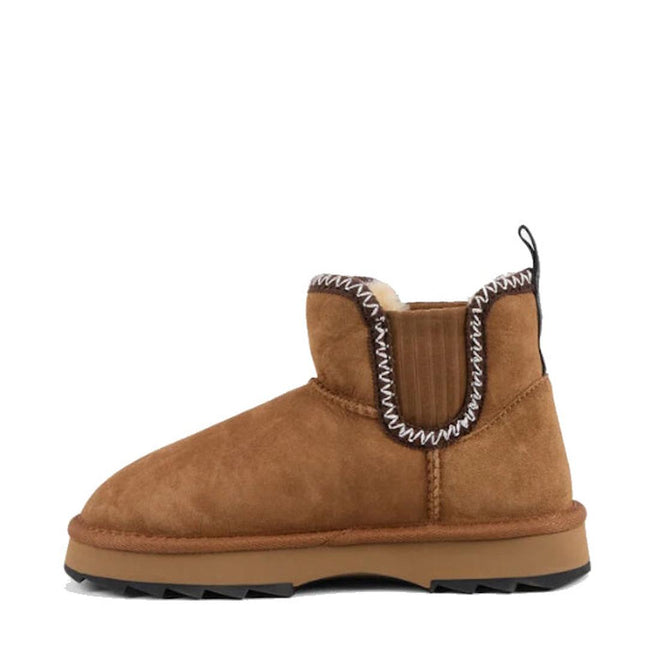 The Emu Womens Higgie Chestnut Platform Wool Boot is a tan suede ankle boot featuring Aztec-inspired sheepskin details, black and white zigzag trim, ribbed elastic side panel, pull tab at the back, and a chunky ridged Sharky sole., 9330071978580, 9330071978597, 50686
