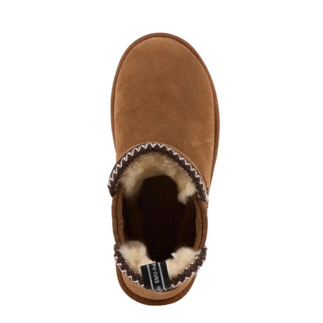 Top view of the Emu Womens Higgie Chestnut Platform Wool Boot featuring brown suede, a cream fuzzy lining, stitched trim at the opening, and a chunky Sharky sole for comfort and style., 9330071978580, 9330071978597, 50686