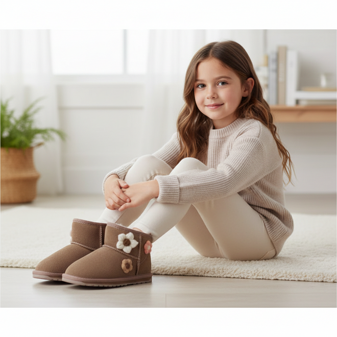 A young girl smiles indoors on a light carpet, wearing a beige sweater, cream leggings, and EMU Kids Daisy Mushroom Merino Wool Boots featuring a daisy design and plush lining. The softly lit room has minimal, cozy decor., 9330071974605, 9330071974612, 9330071974629, 9330071974636, 9330071974643, 9330071974650, 9330071974667