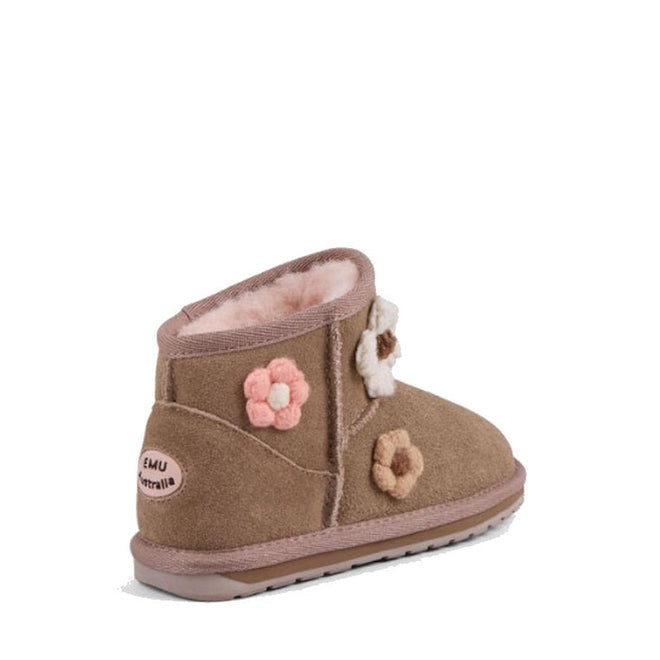 The EMU Kids Daisy Mushroom Merino Wool Boot for toddlers features brown suede, pink and white plush daisy accents, a fuzzy pink wool lining, a soft rubber sole, and a small EMU Australia logo on the heel., 9330071974605, 9330071974612, 9330071974629, 9330071974636, 9330071974643, 9330071974650, 9330071974667