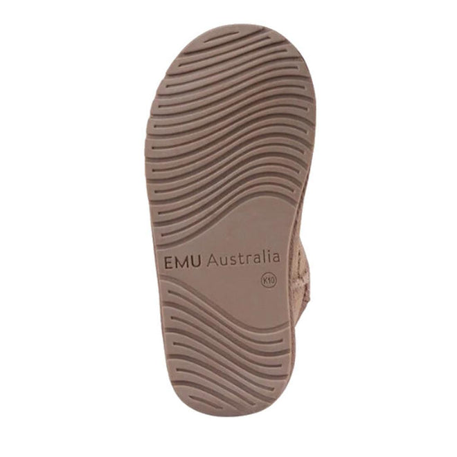 The sole of the EMU Kids Daisy Mushroom Merino Wool Boot, in brown with a wavy tread and "EMU Australia" plus size 10 on the bottom, is crafted for comfort with cozy Merino wool lining., 9330071974605, 9330071974612, 9330071974629, 9330071974636, 9330071974643, 9330071974650, 9330071974667