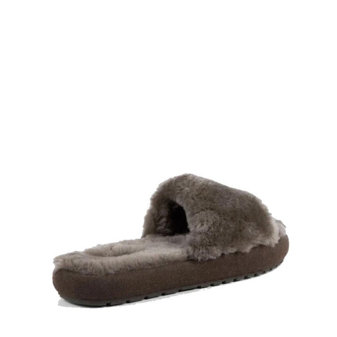The EMU Women's Mckay Dark Olive Sheepskin Scuff Slipper Slide is a single, open-toe women’s slipper in dark olive with a fluffy, soft sheepskin texture and flat sole, shown from a slight angle on a white background., 50733, 9330071976265, 9330071976272, 9330071976289, 50737, 50738