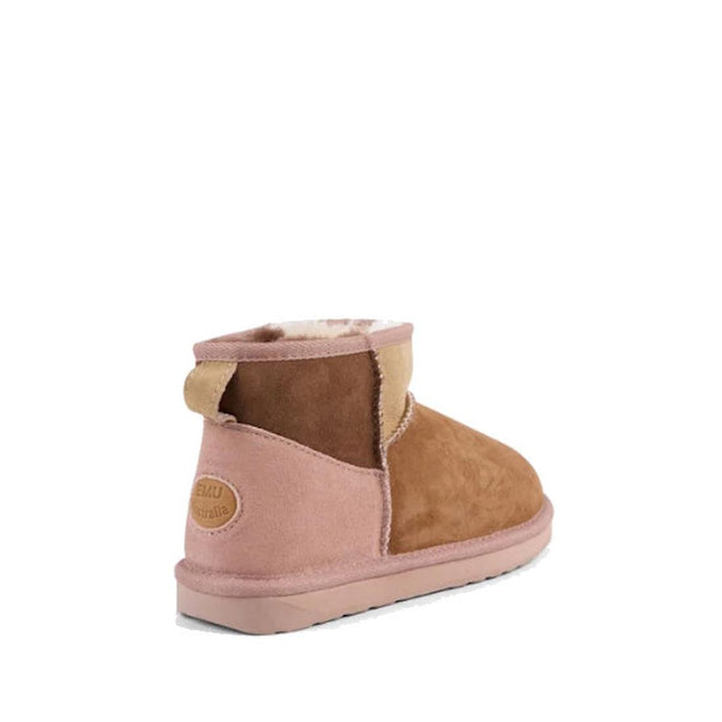 The EMU Stinger Micro Patchwork Sheepskin Chestnut Wool Boot is ankle-high with brown and pink suede, a light pink sole, embossed heel logo, sheepskin lining, and classic Australian sheepskin boot style. Shown from back and side views., 50669, 9330071977309, 9330071977316, 9330071977323, 50673, 50674