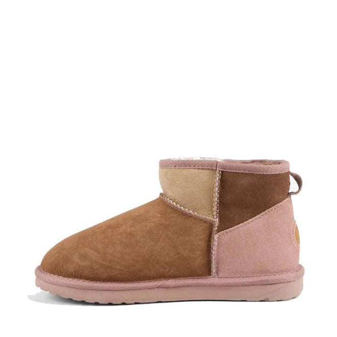 The EMU Stinger Micro Patchwork Sheepskin Chestnut Wool Boot features tan, brown, and pinkish-beige suede panels, a flat sole, back pull tab, and Australian sheepskin lining—perfect for cozy winter style. Shown in side profile., 50669, 9330071977309, 9330071977316, 9330071977323, 50673, 50674