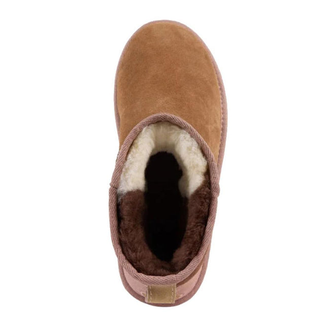 Top view of the EMU Stinger Micro Patchwork Sheepskin Chestnut Wool Boot featuring brown suede, thick white and dark brown lining, designed for warmth and comfort., 50669, 9330071977309, 9330071977316, 9330071977323, 50673, 50674