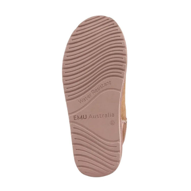 The image shows the light brown sole of the EMU Stinger Micro Patchwork Sheepskin Chestnut Wool Boot, featuring a wavy tread pattern and “Water Resistant” and “EMU Australia” labels, hinting at its durability., 50669, 9330071977309, 9330071977316, 9330071977323, 50673, 50674