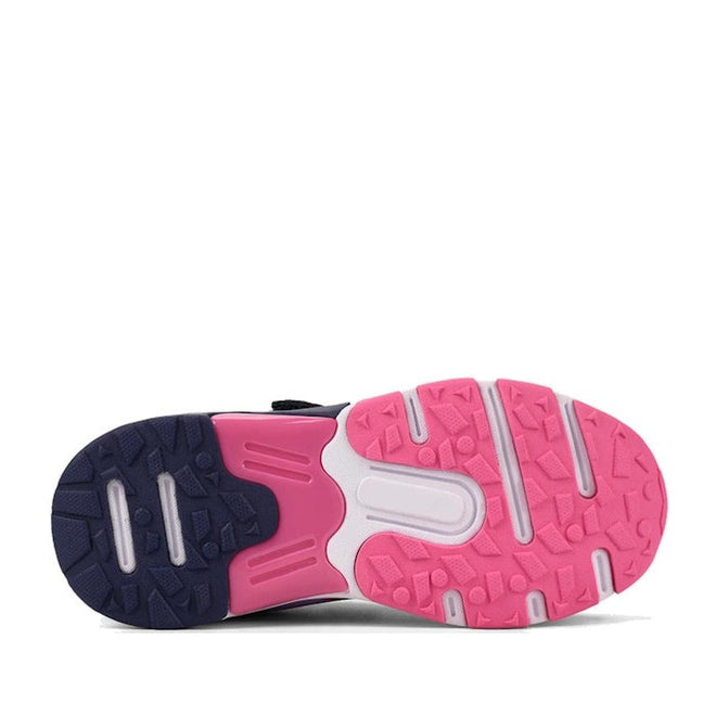 The image shows the sole of the Harrison Nifty Kids School Sports Trainer Navy/Lilac, featuring a textured tread with dark navy on the left half and bright lilac on the right, divided by a white midsection., 48580, 9361913035529, 9361913035543, 9361913035567, 9361913035581, 9361913035604, 9361913035628, 9361913035642, 48588, 48589, 48590