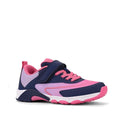 The Harrison Nifty Kids School Sports Trainer in Navy/Lilac features a velcro strap, pink laces, mesh panels, breathable lining, and a white and pink sole. The shoe is displayed on a white background.
