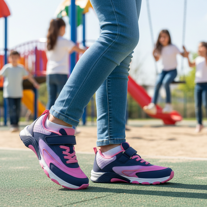 A close-up of a child wearing Harrison Nifty Kids School Sports Trainer in Navy/Lilac with breathable lining, standing on a playground as other children play on swings and a slide in the blurred background., 48580, 9361913035529, 9361913035543, 9361913035567, 9361913035581, 9361913035604, 9361913035628, 9361913035642, 48588, 48589, 48590