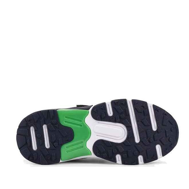 The image shows the sole of the Harrison Nifty Kids Sports Trainer in navy, green, and white, with a black textured tread and white and green rubber sections at the center for enhanced grip and support., 49664, 9361913035710, 9361913035734, 9361913035758, 9361913035772, 9361913035796, 9361913035819, 9361913035833, 49672, 49673, 49674