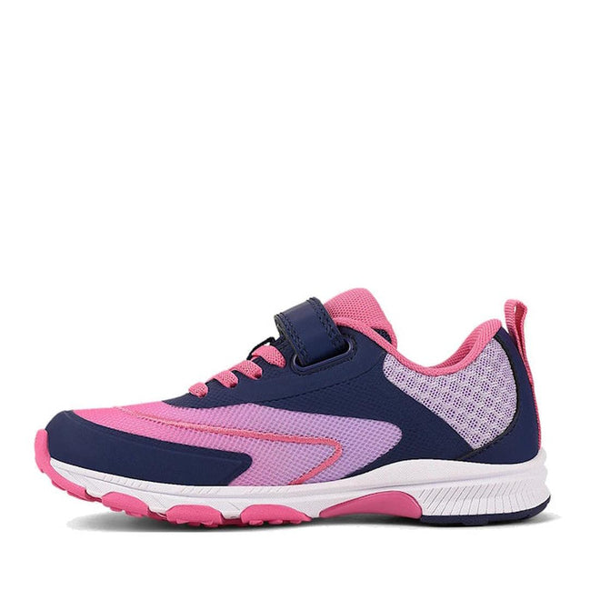 The Harrison Nifty Kids School Sports Trainer in navy/lilac features pink laces, a navy strap, breathable lining, white midsole, pink rubber outsole, and a removable innersole for comfort—ideal for school sports or casual wear., 48580, 9361913035529, 9361913035543, 9361913035567, 9361913035581, 9361913035604, 9361913035628, 9361913035642, 48588, 48589, 48590