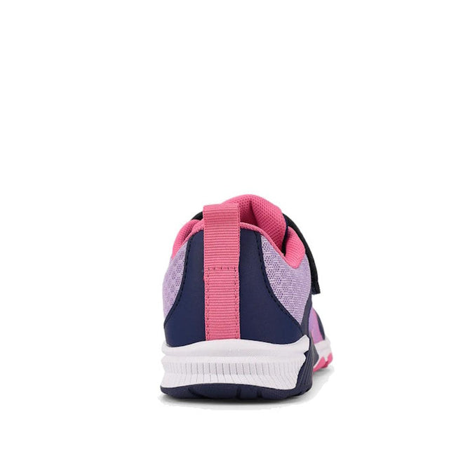 Rear view of the Harrison Nifty Kids School Sports Trainer in navy and lilac with pink accents, white sole, pink heel pull tab, and breathable lining, shown on a white background., 48580, 9361913035529, 9361913035543, 9361913035567, 9361913035581, 9361913035604, 9361913035628, 9361913035642, 48588, 48589, 48590