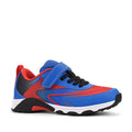 The Harrison Nifty Kids Sports Trainer Blue/Red is a children's athletic shoe with blue, red, and black accents, a blue Velcro strap, black laces, and a white sole. Made from breathable leather, it’s perfect for comfortable school sports.