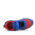 Top view of the Harrison Nifty Kids Sports Trainer Blue/Red with black laces, breathable leather, blue Velcro strap, white sole, red lining, heel pull tab, and a removable innersole for comfort., 50118, 9361913035901, 9361913035925, 9361913035949, 9361913035963, 9361913035987, 9361913036007, 9361913036021, 50126, 50127, 50128