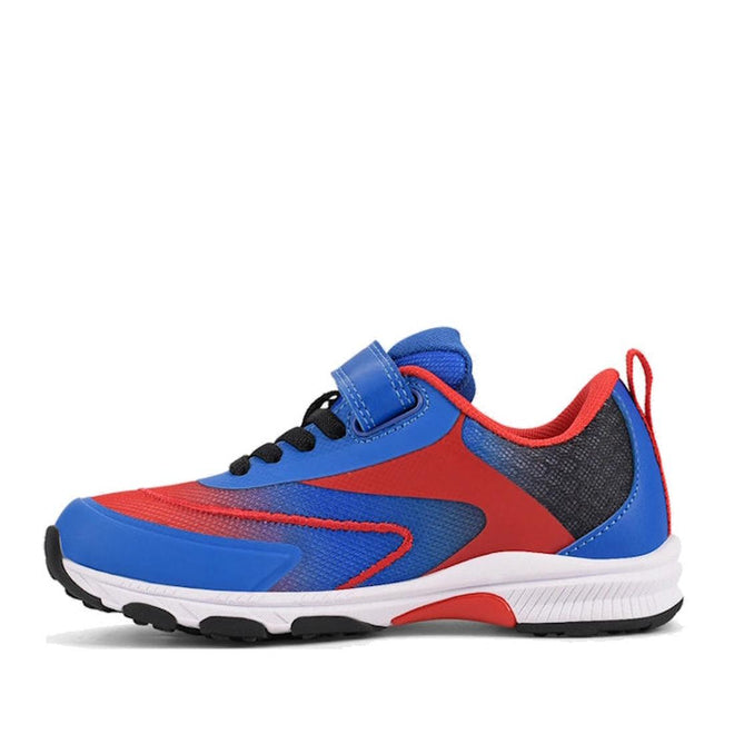 The Harrison Nifty Kids Sports Trainer Blue/Red is a low-cut, breathable leather shoe with blue, red, and black accents. It features a white sole, black laces, a blue velcro strap, and a pull tab at the heel for easy wear., 50118, 9361913035901, 9361913035925, 9361913035949, 9361913035963, 9361913035987, 9361913036007, 9361913036021, 50126, 50127, 50128