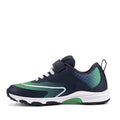 The Harrison Nifty Kids Sports Trainer in navy/green/white features a breathable mesh and leather upper, white laces, Velcro strap for adjustability, black-treaded sole, and a pull tab at the heel—ideal for active school days., 49664, 9361913035710, 9361913035734, 9361913035758, 9361913035772, 9361913035796, 9361913035819, 9361913035833, 49672, 49673, 49674