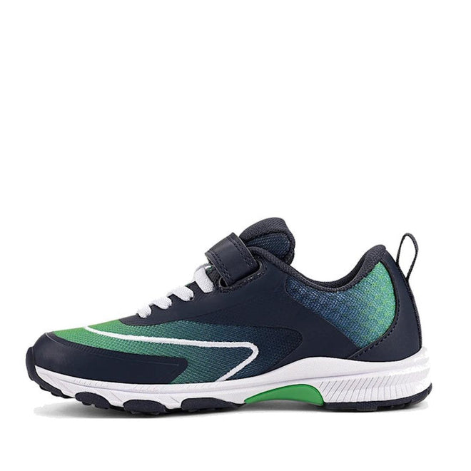 The Harrison Nifty Kids Sports Trainer in navy/green/white features a breathable mesh and leather upper, white laces, Velcro strap for adjustability, black-treaded sole, and a pull tab at the heel—ideal for active school days., 49664, 9361913035710, 9361913035734, 9361913035758, 9361913035772, 9361913035796, 9361913035819, 9361913035833, 49672, 49673, 49674