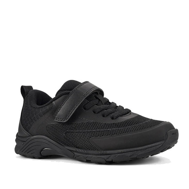 The Harrison Nifty Black School Trainer is a kids' sports shoe with a thick rubber sole, breathable mesh panels, laces, and self-fastening straps on top for extra support.