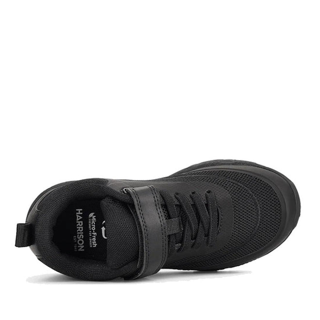 The Harrison Nifty Black School Trainer is a kids' sports shoe with a breathable mesh upper, black laces, self-fastening strap, heel pull tab, and insole labeled Harrison—ideal for active days and school wear., 48569, 48570, 48571, 9361913034997, 48573, 9361913035031, 48575, 48576, 48577, 48578, 48579, 48569, 48570, 48571, 9361913034997, 48573, 9361913035031, 9361913035055, 9361913035079, 48577, 9361913035116, 48579