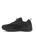The Harrison Nifty Black School Trainer is a kids’ sports shoe with a textured sole, breathable mesh panels, lace-up front, small hook-and-loop strap, and heel pull tab, shown in side profile against a white background., 48569, 48570, 48571, 9361913034997, 48573, 9361913035031, 48575, 48576, 48577, 48578, 48579, 48569, 48570, 48571, 9361913034997, 48573, 9361913035031, 9361913035055, 9361913035079, 48577, 9361913035116, 48579