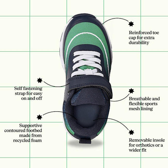 Top view of the Harrison Nifty Kids Sports Trainer in navy, green, and white, featuring breathable leather uppers, reinforced toe cap, adjustable self-fastening strap, recycled supportive footbed, mesh lining, and removable insole for orthotics or wide fit., 49664, 9361913035710, 9361913035734, 9361913035758, 9361913035772, 9361913035796, 9361913035819, 9361913035833, 49672, 49673, 49674