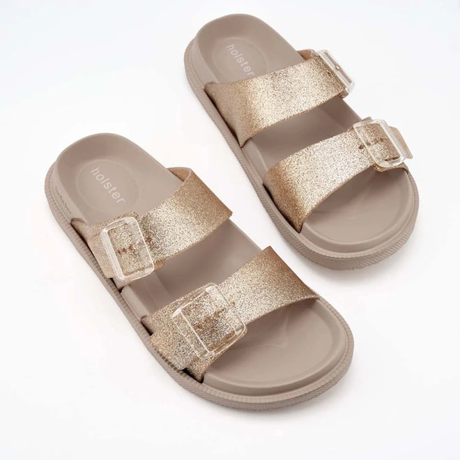 Holster Womens Soleshimmer Gold Glitter Summer Slide