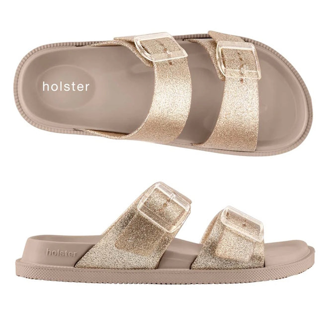 Holster Womens Soleshimmer Gold Glitter Summer Slide
