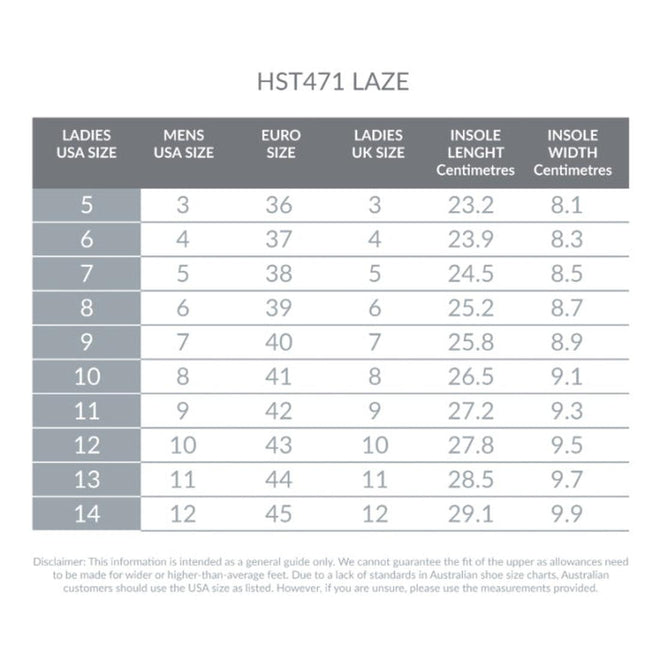 Size chart for HST471 LAZE shoe model with size conversions.