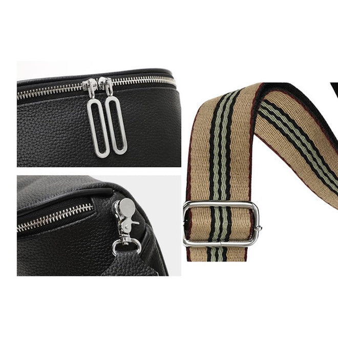 Black Sassy Duck Lily bag with silver zippers and a striped beige strap on a white background.,
37296