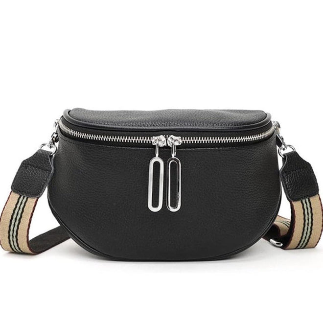 Black Sassy Duck Lilly crossbody bag with a strap featuring beige and brown pattern on a white background