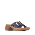 The Los Cabos Alegro Navy Wedge Platform Women's Sandals Slides feature a wide adjustable navy strap with a large gold buckle, low wedge heel, and brown sole, showcased on a plain white background.