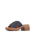 The Los Cabos Alegro Navy Wedge Platform Women's Sandals Slides feature a minimalist navy blue design with a thick strap, open toe, low brown block heel, and brown sole, shown against a plain white background., 9321191292526, 9321191292533, 9321191292540, 9321191292557, 9321191292564, 9321191292571
