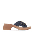 The Los Cabos Alegro Navy Wedge Platform Women's Sandals feature a tan low block heel, wide navy blue strap with a large gold buckle, open toe and back design, and an adjustable strap for the perfect fit., 9321191292526, 9321191292533, 9321191292540, 9321191292557, 9321191292564, 9321191292571