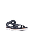 The Los Cabos Ashanti Black Sandal With Back Strap is a women's vegan leather sandal featuring black straps, an ankle buckle, white cushioned sole and footbed, sporty design, and a slightly raised heel. Shown on a plain white background.