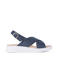 The Los Cabos Bogota Navy Women's Summer Sandal features crisscross vegan leather straps, an adjustable ankle buckle, a comfy footbed, and a thick white sole, displayed in side profile on a plain white background.