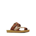 Update your women's sandal collection with the Los Cabos Bria Cognac Light Flexible Sandal Jandal, featuring a wide brown strap with gold buckle, cream front strap with dark stitching, and a low tan sole—perfect for summer style.