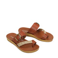 The Los Cabos Bria Cognac Light Flexible Sandal Jandal features brown slides with a wide gold-buckle strap, cream and brown striped toe loop, low tan sole, and insole printed with the brand name—a perfect summer sandal., 46914, 9321191210063, 9321191210070, 9321191210087, 9321191210094, 9321191210100, 9321191210117