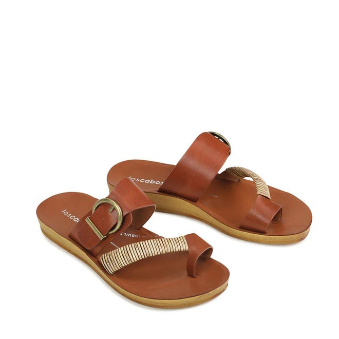 The Los Cabos Bria Cognac Light Flexible Sandal Jandal features brown slides with a wide gold-buckle strap, cream and brown striped toe loop, low tan sole, and insole printed with the brand name—a perfect summer sandal., 46914, 9321191210063, 9321191210070, 9321191210087, 9321191210094, 9321191210100, 9321191210117