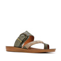 The Los Cabos Bria Khaki Light Flexible Sandal Jandal features a tan sole, olive green leather straps, a bold brass buckle, and a striped band—an open toe, minimalist women's sandal with standout summer style.