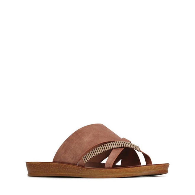 The Los Cabos Bride Chocolate Flat Slide Sandal features a wide, textured brown strap with a decorative beige band, an open toe, and a grippy sole—ideal for comfy slides and effortless resort or summer wear.