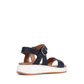 The Los Cabos Cartis Black Women's Summer Sandal Slight Platform, with strappy vegan leather, buckle, moulded footbed, and thick white sole, is shown angled from the back on a plain white background., 9321191298894, 9321191298900, 9321191298917, 9321191298924, 9321191298931, 47459