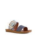 The Los Cabos Doti Navy Multi Light Flexible Sandal is a chic women's slip-on with a tan sole, wide navy strap, woven blue/beige strap with gold buckle, open toe, and arch support for all-day comfort in a stylish casual design.